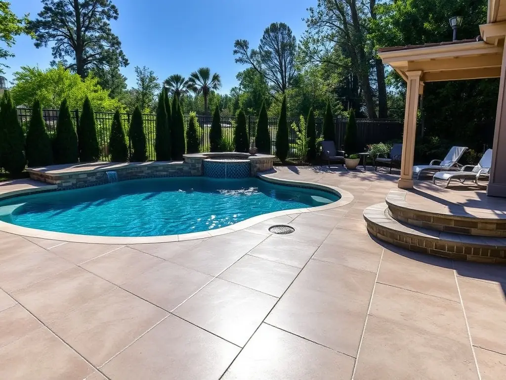 A luxurious pool deck made with natural stone pavers, creating a safe and elegant space for relaxation and entertainment.