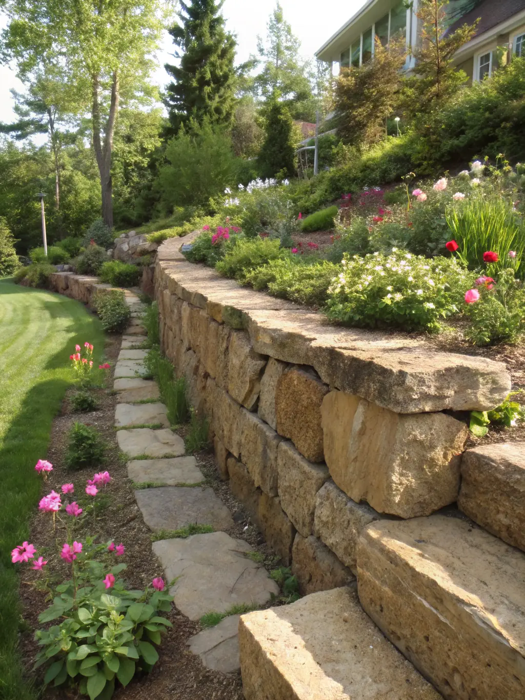 An image showcasing a beautifully designed retaining wall with lush landscaping, demonstrating Vapaver Boyz's ability to enhance outdoor spaces with aesthetic appeal.
