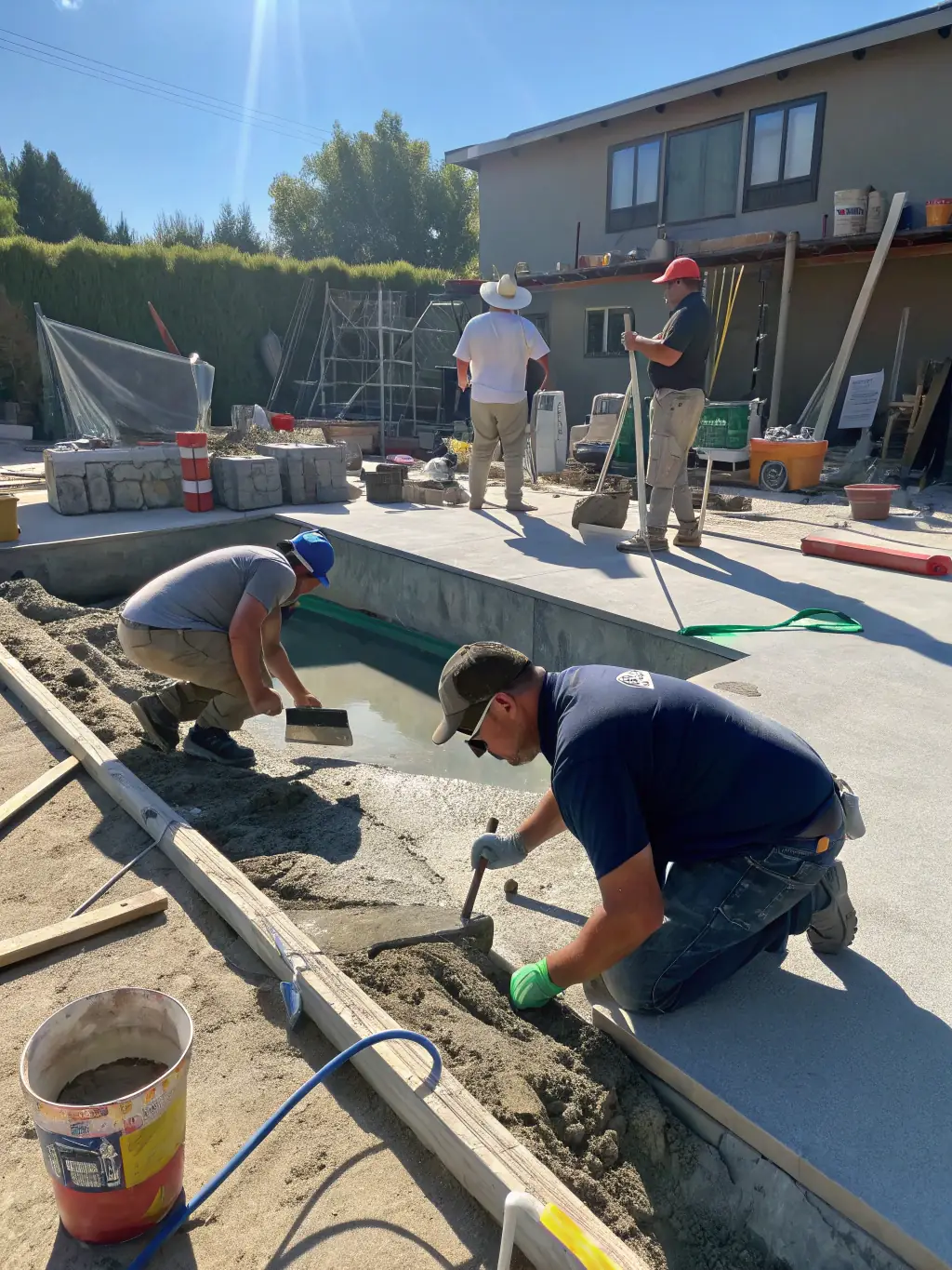 A photo of Vapaver Boyz team members working diligently on a pool deck project, highlighting their professionalism and commitment to reliable service.