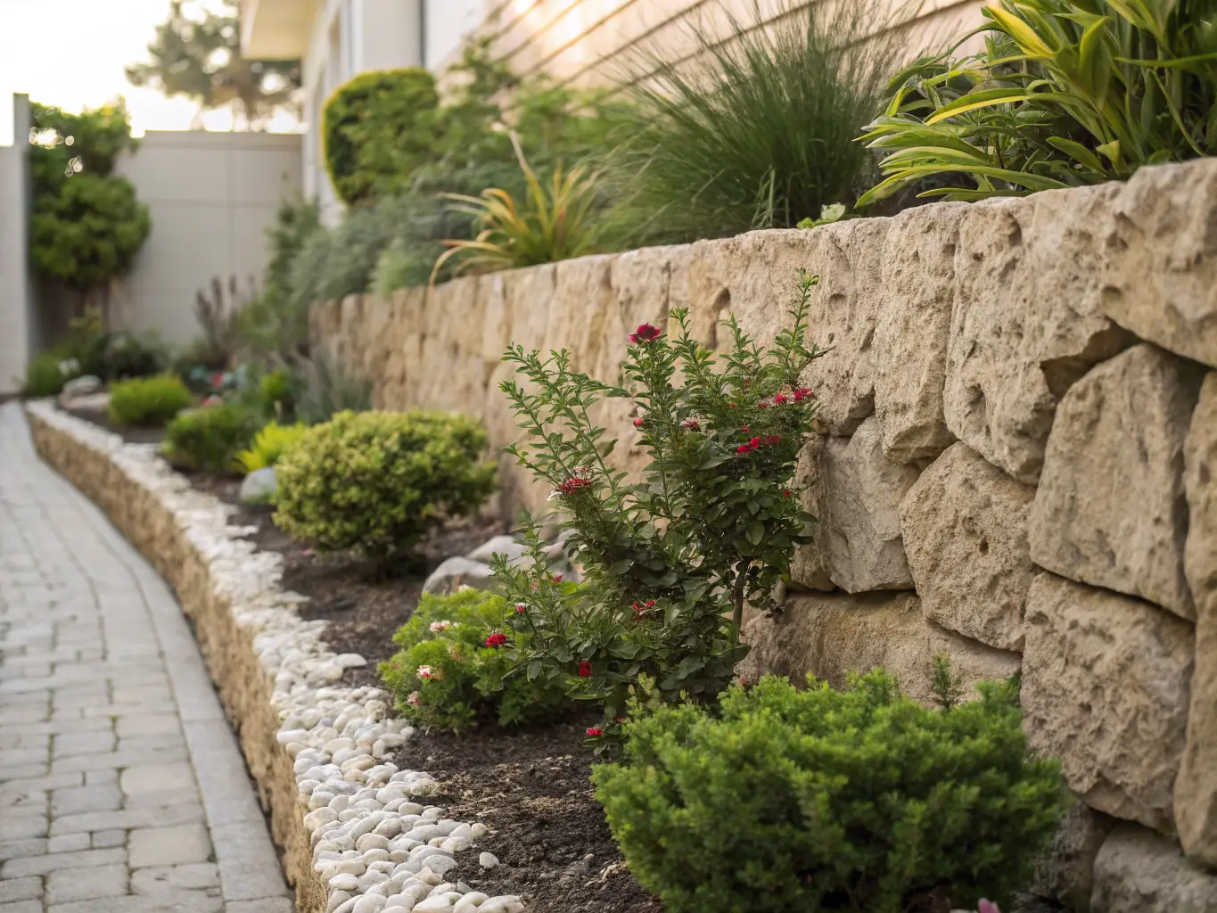 A sturdy retaining wall built with high-quality materials, providing structural support and visual appeal to a sloped garden.