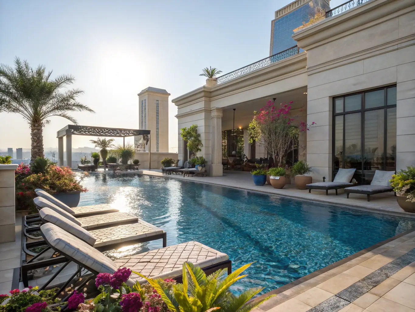A luxurious pool deck made with natural stone pavers, designed for safety and aesthetic appeal around a residential swimming pool.