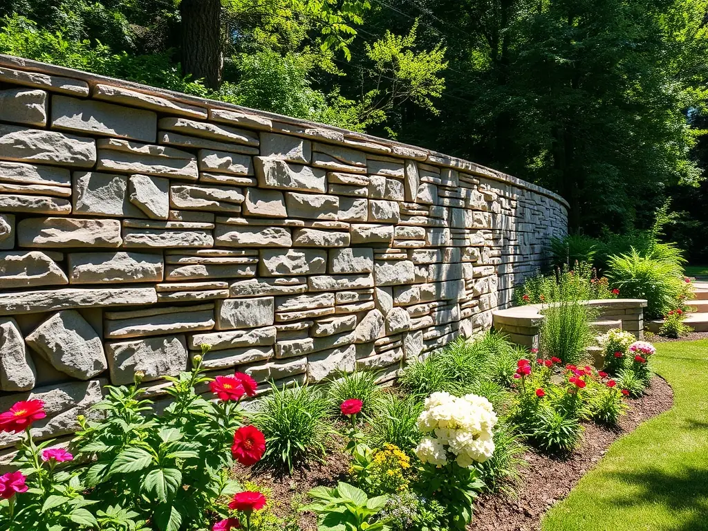 A well-constructed retaining wall with integrated landscaping, providing both structural support and visual appeal to a sloped yard.